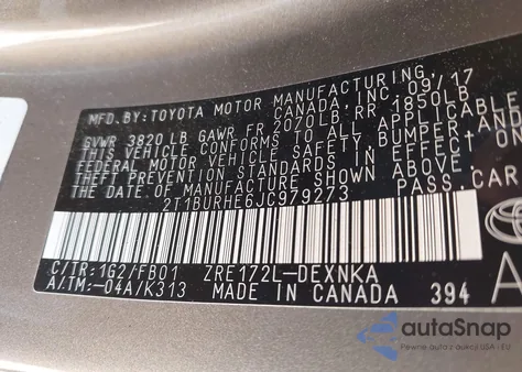 2018 Toyota Corolla Le from USA, damaged, VIN 2T1BURHE6JC979273